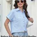 Kistore Womens Button Down Shirts Short Sleeve Summer Gingham with Pockets (Small, Blue)
