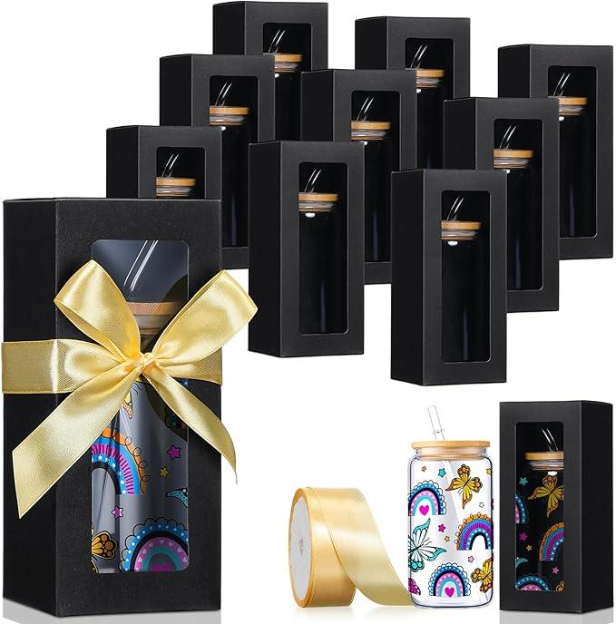 Honoson 24 Pcs Tumbler Gift Box with Ribbon for Sublimation Glass Exhibition Boxes Transparent for 12oz 16oz 20oz Drinking Cup Glasses Jars Mug Can Blanks (Black)