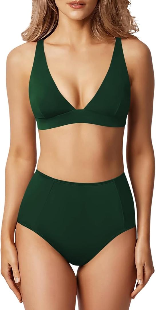 MIKETAI Swim Suits for Women 2 Piece High Waisted Bikini Sets Deep V Neck Bathing Swimming Suits Women's Swimwear Swimsuit (X-Large, Dark Green)