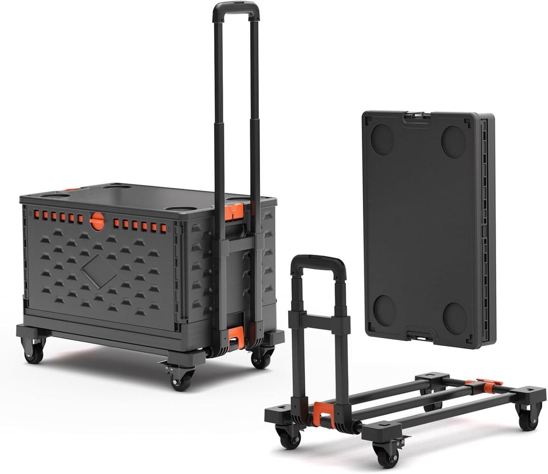 2 in 1 Folding Hand Truck Dolly Cart with Basket Collapsible Portable Hand Truck 330LBS Capacity, Telescoping Handle, Heavy Duty Dolly Cart Lightweight & Compact for Easy Transport & Storage, Black