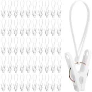 90 Pack Laundry Hooks Hanging Clips with Rope, Multi-Purpose Plastic Laundry Hooks Hanging Clips Socks Hats Pants Bras Towel Photo for Bathroom Wardrobe Kitchen Clothing Store, White