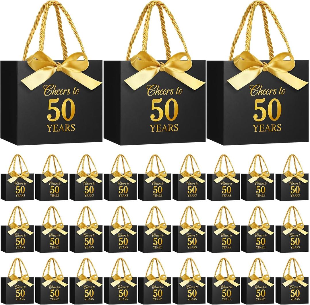 Moinchore 30 Pcs Black Gold 50 Birthday Paper Gift Bags Bulk 5.5 x 4.7 x 2.5 in Mini Cheers to 50 Years Favor Bags with Handles Bow Ribbon Wrap for Birthday Anniversary Wedding Day Party Supplies