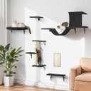 Cat Wall Shelves, Stable Safe 6 in 1 Cat Furniture Set Black, Wooden Climbing Wall with Scratching Post, WallMounted Shelves & Play System
