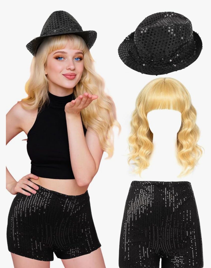 3 Pcs Halloween Singer Costume Wavy Blonde Wig Sequins Fedora Hat Shorts for Party Cosplay Music Festival Concert Size S