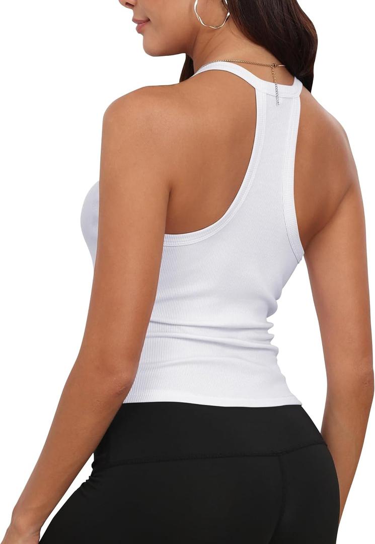 GEMBERA Womens Racerback Sleeveless V Neck Ribbed Knit Cotton Fitted Basic Cami Cropped Halter Tank Top Shirt