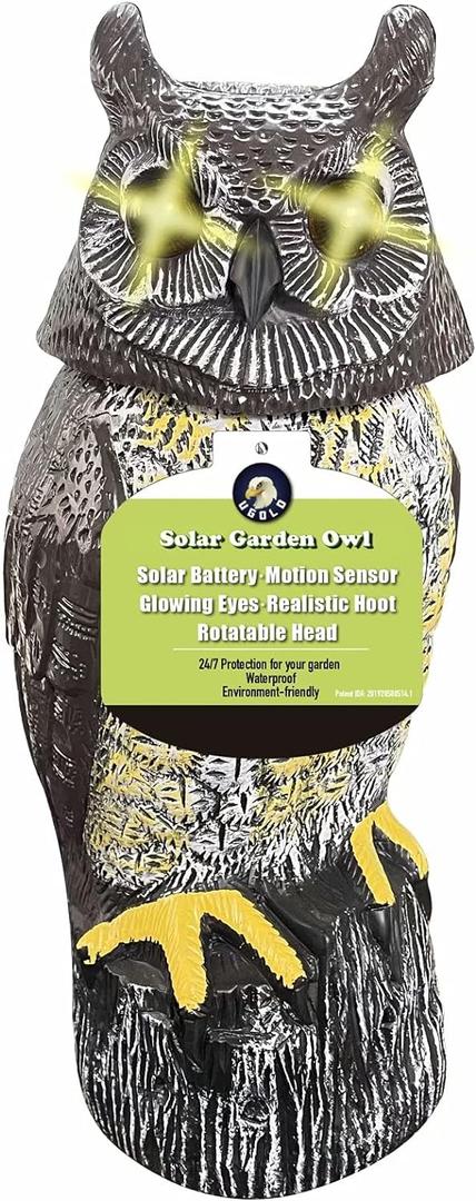Solar Powered Owl with Motion Detection, Silent Mode, Flashing Eyes, Rotatable Head and Realistic Hoots, Plastic Owl Decoration for Home, Garden, Patio and Fence