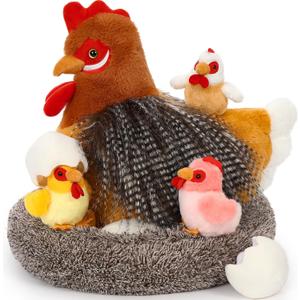 BENINY 8Pcs Chicken Stuffed Animal, Stuffed Hen with Little Baby Chicks and Coop, Plush Toys for Kids, Hit of Christmas Farm Party