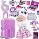 18 Inch Doll Suitcase Travel Luggage Play Set, Mermaid Theme Travel Carrier Storage Accessories for 18inch Doll, Include Case, Clothes, Hat, Sunglasses, Camera, Pillow, Toy Pet