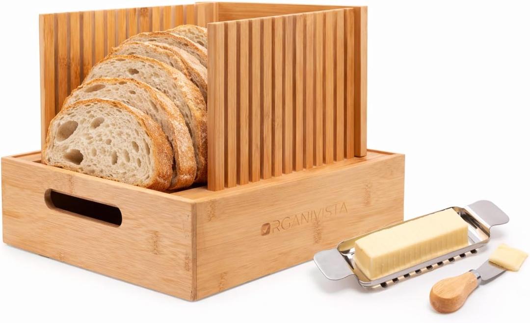Adjustable bread loaf slicer + bread slicer guide for sourdough; sandwich bread slicer, butter cutter and spreader knife + foldable design, crumb tray, non-slip base, compact storage