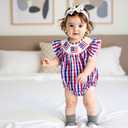 Bonangber Fourth of July Baby Girl Outfit Plaid Print American Flag Romper Smocked Bodysuit Cute Baby Girl 4th of July Outfit(G-Blue American Flag,12-18 Months) (Blue)