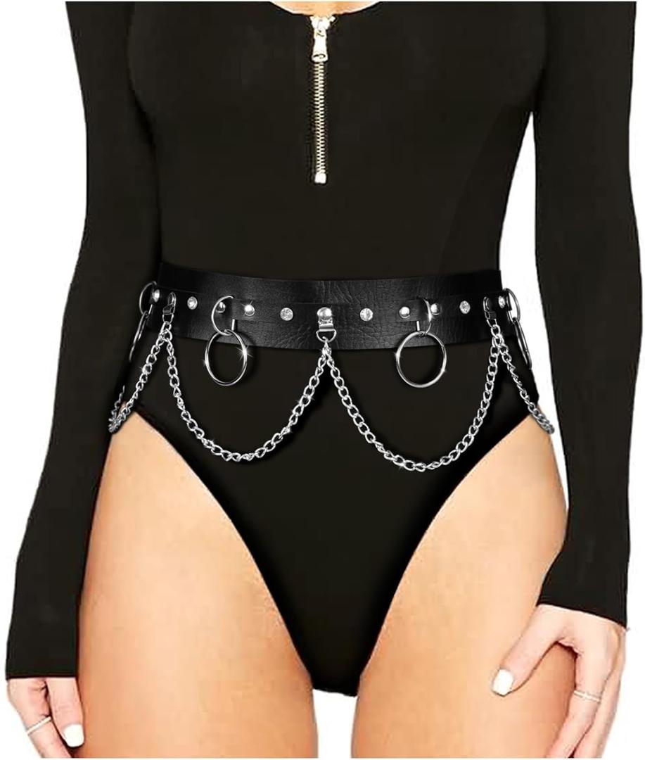 JASGOOD Punk Black Waist Chain Belt Women Leather Rave Body Goth Accessories Jewelry for Girls (Suit for Waist Size: 27''-33'')