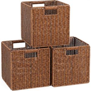 11X11X11in Brown Plastic Wicker Storage Basket, Foldable Cube Woven Storage Basket for Shelves, 11x11 Cube Storage Bins Set of 3, Wicker Storage Baskets for Laundry Nursery Room 11X11X11in Brown Plastic Wicker Storage Basket, Foldable Cube Woven Storage Basket for Shelves, 11x11 Cube Storage Bins Set of 3, Wicker Storage Baskets for Laundry Nursery Room