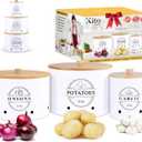 Canister Sets for Kitchen Counter with Wooden Bamboo Lids, Kitchen Canisters for Countertop, Stackable Steel Farmhouse Canisters for Potato Storage, Onion and Potato Storage Bins - White