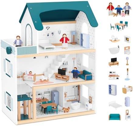OOOK Wooden Dollhouse with Liftable Elevator - 2.6 Feet High Modern Doll House for Kids Toddlers - Including 21 Furniture Pieces, 4 Family Dolls, and 1 pet