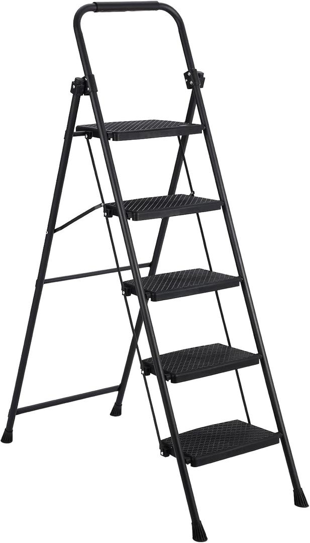 5 Step Ladder Folding Step Stool, Wide Platform Ladder with Non-Slip Steps for Kitchen, Office, Garage, and Home Use