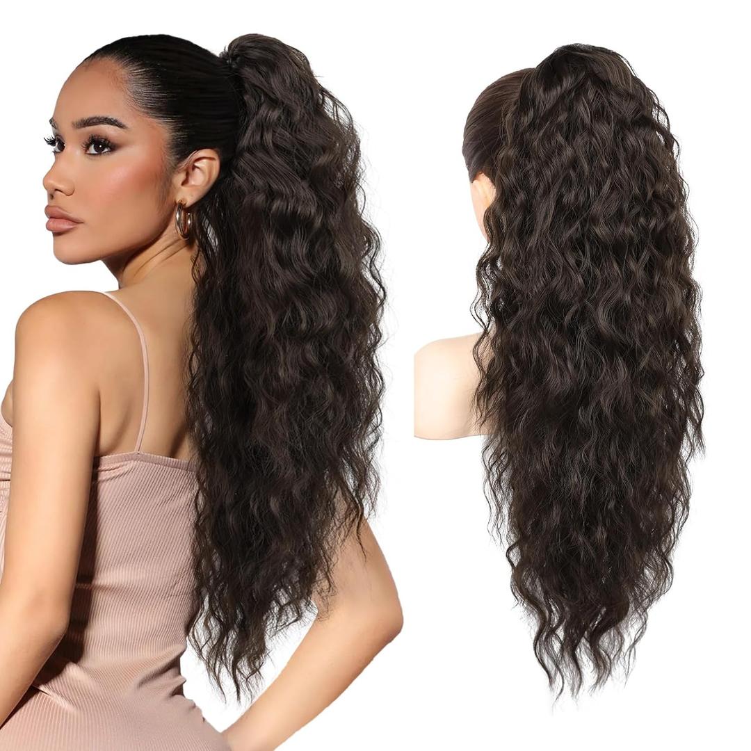 REECHO Ponytail Extension 26" Long Claw Clip Ponytail Extension Curly Wavy Pony Tails Hair Extensions Clip in Synthetic Hairpiece for Women, Black Brown