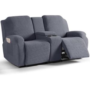 KinCam Loveseat Recliner Covers with Middle Console Slipcover, Recliner Sofa Covers 2 Seat Couch Cover Stripe Jacquard Furniture Protector Covers with Elastic Bottom for Kids, Pets (Medium Gray)