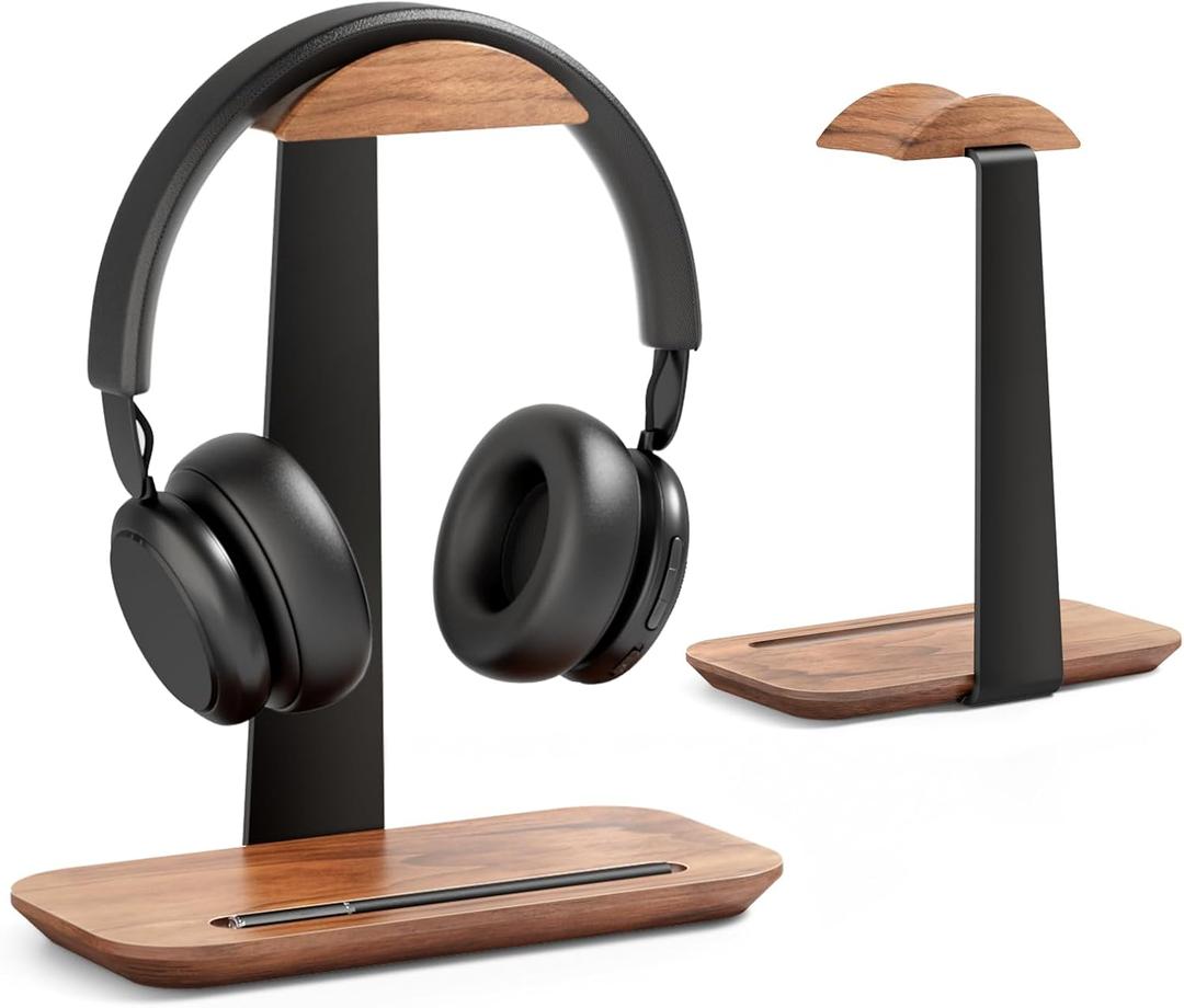 UPERGO Walnut Headphone Stand, Wood Headset Stand for Desk, Universal Headphone Holder with Storage Base for Gaming, Airpod max, Bose, Razer
