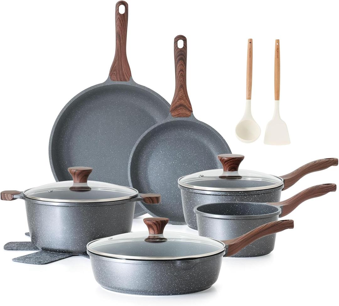 Sensarte  Nonstick Cookware Set 16-Piece, Healthy Pots and Pans Set, Non-stick Kitchen Cooking Set with Stay-Cool Handles, Silicone Utensils and Pot Protectors, PFOA Free