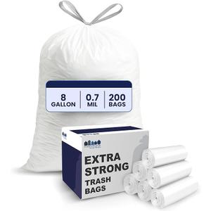 Plasticplace 8 Gallon Trash Bags White Drawstring Garbage Can Liners  200 Count  LeakResistant and TearProof for Kitchen, Bathroom, Office, and Small Trash Cans 0.7 Mil