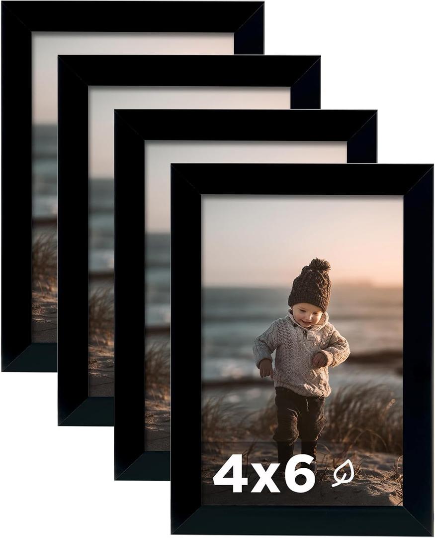 KINLINK 4x6 Picture Frame Black Set of 4, Wooden Photo Frames with Plexiglass for 4x6 without Mat for Table and Wall Display, Black