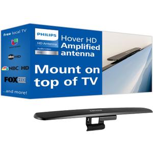 Philips Hover Amplified HD Digital TV Antenna, Long Range Smart TV Antenna, Easy Mount on Top of TV Design, Supports 4K 1080P HD VHF UHF, Signal Booster, Coax HDTV Cable/AC Adapter, SDV7219N/27