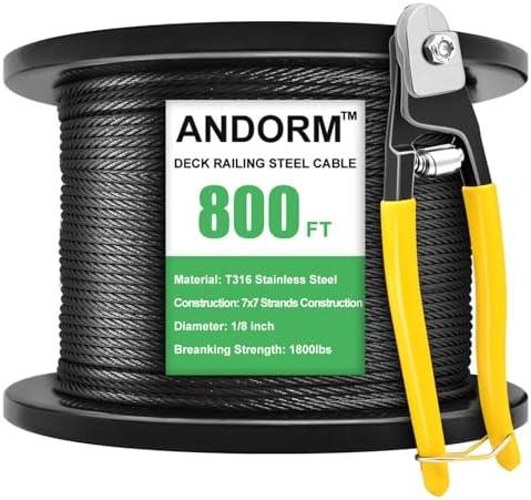 Andorm 1/8 800ft T316 Stainless Steel Railing Cable Wire Rope 7x7 Strands Construction for Deck Cable Railing System, Cable Railing Hardware, Aircraft Cable Kits