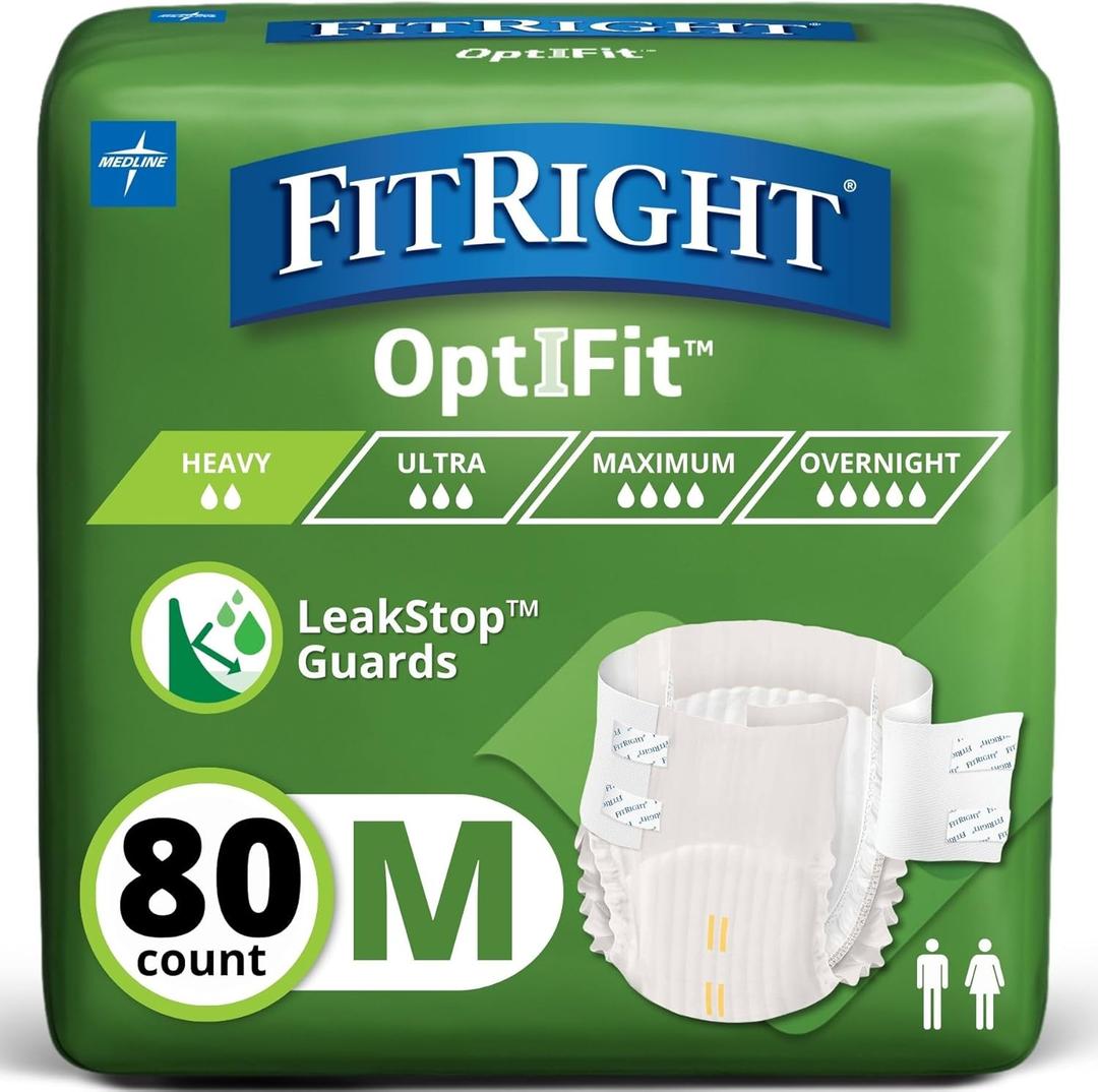 FitRight Adult Diapers, Extra+ Heavy Absorbency, M (Waist Size 32in-44in), 80 Count, OptiFit Incontinence Briefs for Men and Women, Disposable, Moisture-Wicking, Leak Protection,