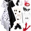 13Pcs/9Pcs Women's Dalmatian Black and White Costume Dress with Wig Gloves Accessories Party Outfit (X-Large)