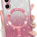 Bonoma Compatible with Samsung Galaxy S24 Fe Case Support for MagSafe, Plating Heart Glitter Magnetic Case TPU Camera Protection Back Cover for Phone Case -Pink