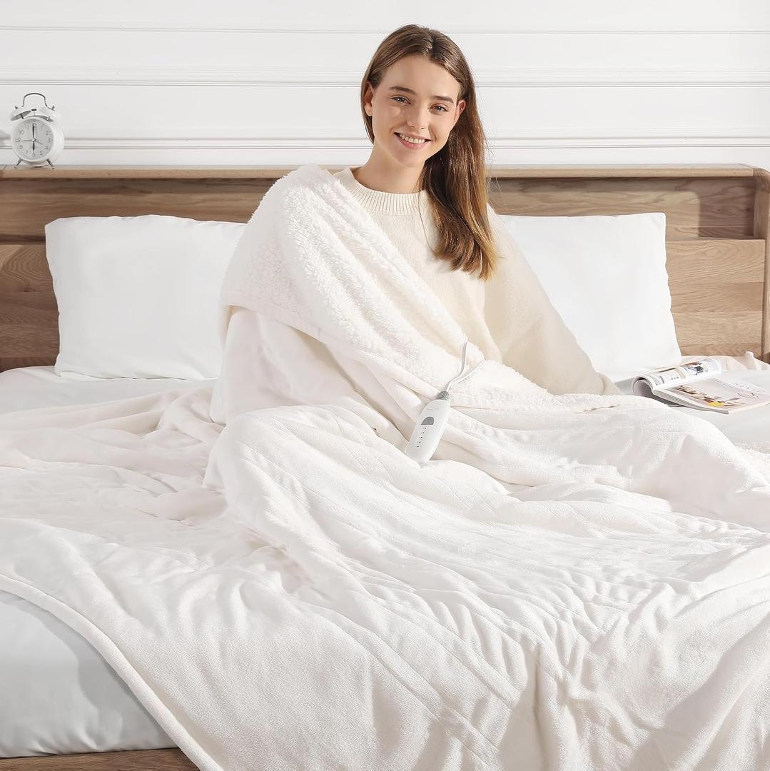 Full Size Heated Blanket 72''X84'' Electric Blanket - Soft Silky Plush Heating Blanket with 5 Heating Levels & 10 Hours Auto Off, ETL Certified & Machine Washable for Grandma Gifts(Cream White)