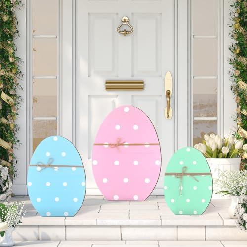 GlikCeil 3 Pcs Easter Wooden Porch Sign Easter Egg Standing Porch Decoration Rustic Welcome Decor for Spring Holiday Outdoor Party Lawn Garden Yard Entryway 12", 16", 21"