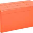 COSYLAND Ottoman Bench with Storage Large - 30x15x15in Folding Leather Ottoman, Rectangle Foot Stool Foldable Storage Chest Footrest Footstool Collapsible with Lid for Bedroom Living Room Orange