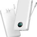 Portable Charger 33800mAh USB C Power Bank with Built-in Cables & AC Wall Plug,25W Fast Charging+QC 4.0 Phone Charger,4 Output LCD Display Battery Pack Compatible with iPhone16/15,Samsung,Android etc (white)
