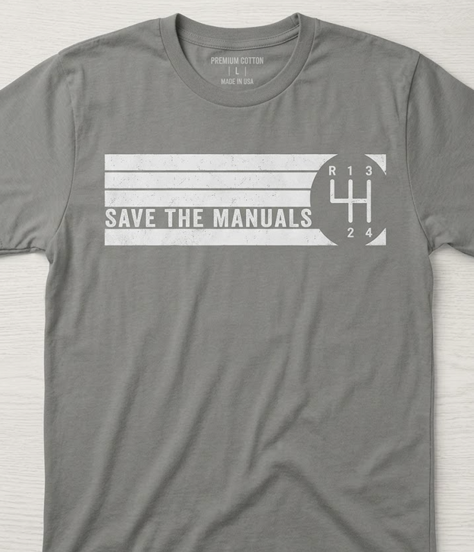Save The Manuals 4 Speed Manual Transmission Three Pedals T-Shirt (Gray, L)