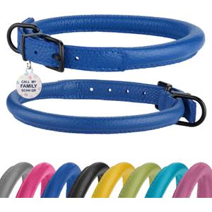 Rolled Leather Dog Collar Soft Round Collars, ID Tag for Small Medium Large Dogs (9-12 inch, Royal Blue & Black Buckle)