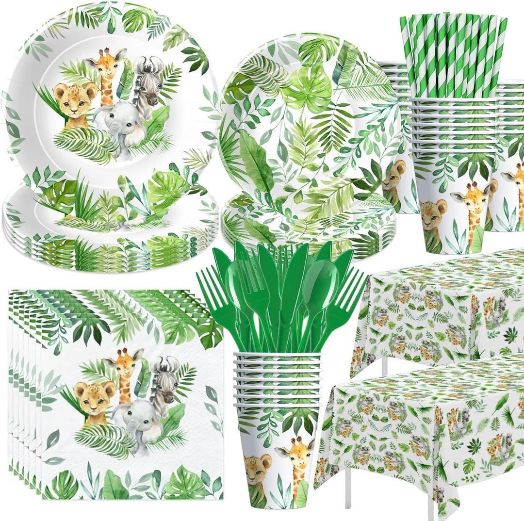 Safari Birthday Decorations Tableware - Jungle Theme Party Supplies Include Plates, Cups, Napkin, Cutlery, Tablecloth, Straws, Animal Safari Jungle Birthday Baby Shower Decorations | Serve 24