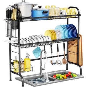 HOWDIA 3-Tier Over The Sink Dish Drying Rack,Stainless Steel Dish Rack with Cutlery Holder & Chopping Board Rack, 33.9 x 11.4 x 32.3 for Maximum Kitchen StorageBlack