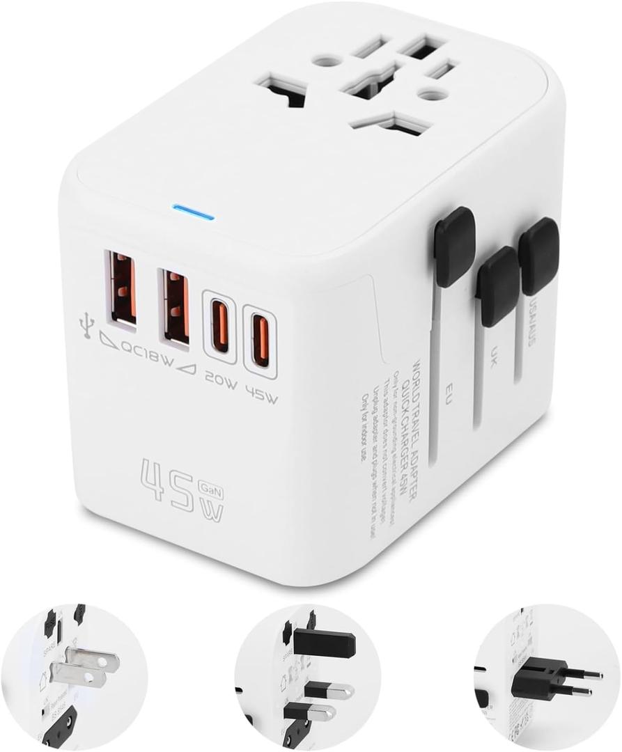 Aigostar 5-in-1 Universal Travel Adapter, GaN 45W Fast Charge International Plug Adapter with 2 Type-C & 2 USB-A Ports, Worldwide Power Adaptor Wall Charger for EU US UK AUS CHN JP Travel Business (White)