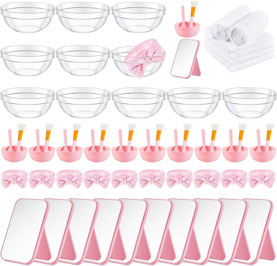 6 Set Pink Spa Party Supplies for Women Include Facial Mask Bowl with Stick Spatula Silicone Brush Mirror Headband Towel for DIY Spa Sleepover Slumber Wedding Birthday Party Favor