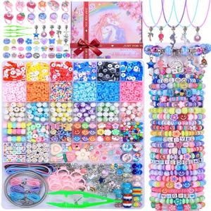 AIPRIDY 3200 Pcs Unicorn Jewelry Activity Kit,Clay Beads Bracelet Making Kit,Flat College Style Beading for Friendship Jewelry Making,Crystal Time Gem Ring Gifts,DIY Crafts for Teen Girls(Pink) (Pink 29 Cells)