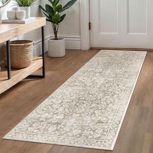 Vintage Washable Runner Rug 2x6, Beige Runners for hallways, Super Soft Neutral Kitchen Runner Rug Non Slip, Print Faux Wool Floral Thin Carpet Runner for Entryway Indoor Laundry Room Bedroom