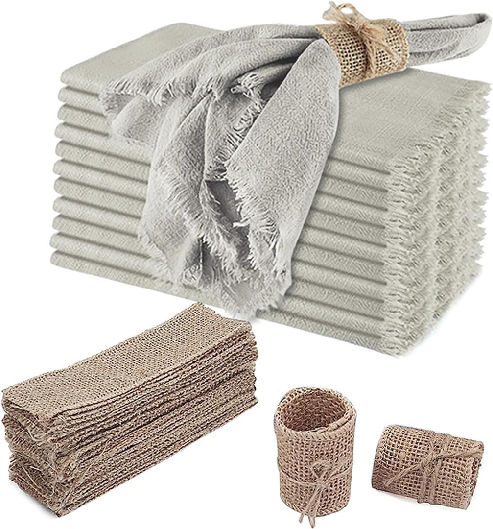 VIJIV 8 Pack Cheesecloth Dinner Napkins and Burlap Napkin Rings Set of 4 Natural, Cotton Linen Napkins Fringe, 18x18 Inches Decorative Boho Cheese Cloth Napkins for Wedding Western Party Decorations (Beige)