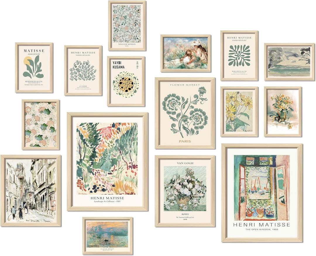16 PCS Framed Sage Green Wall Art Decor, Matisse Wall Prints for Bedroom, Gallery Wall Frame Set, Abstract Posters for Living Room Aesthetic, Collage Kit Pictures, Boho Dorm Home Decor (12"x15" Framed)