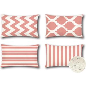 OTOSTAR Set of 4 Waterproof Throw Pillow Covers 12x20 Inch Farmhouse Geometric Square Pillow Cases for Couch Patio Furniture Balcony Garden Outdoor DecorationGeometry70-Pink