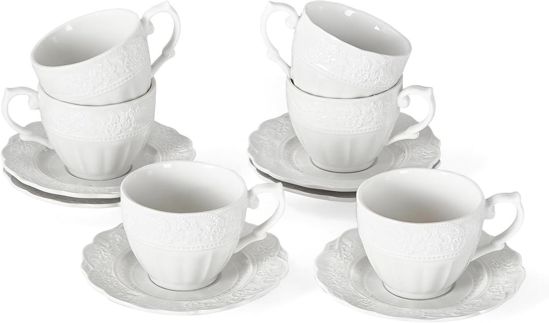 3 oz Espresso Cups Set of 6, Bone China Small Espresso Coffee Cups & Saucers Set, Handcraft Floral Embossing Ceramic Demitasse Mugs Mini Barista Cups for Latte Mocha Farmhouse Housewarming Gift, White