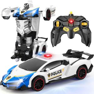 Getatoy Remote Control Car Transformer Toys for Boy 4-6 Years Old: One-Button Transforming Police Car with LED Light & 360° Rotation Drifting 2.4 Ghz Robot RC Car Christmas Birthday Gift Idea for Kids
