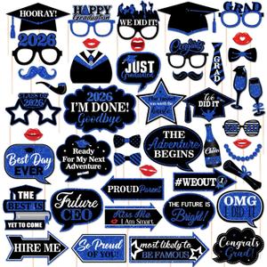 46Pcs Black Blue Graduation Photo Booth Props 2026 Graduation Decorations with Sticks Class of 2026 Grad Party Favors Supplies for High School & College