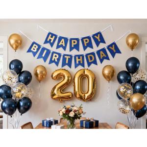 20th Birthday Party Decorations for Men, Navy Blue Gold Happy 20th Birthday Banner Number 20 Foil Balloons Metallic Latex Confetti Balloons for Men Him 20 Years Old Birthday Decoration (20th)