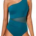 Yonique Women One Piece One Shoulder Swimsuit Mesh Bathing Suit Tummy Control Swimwear (L)